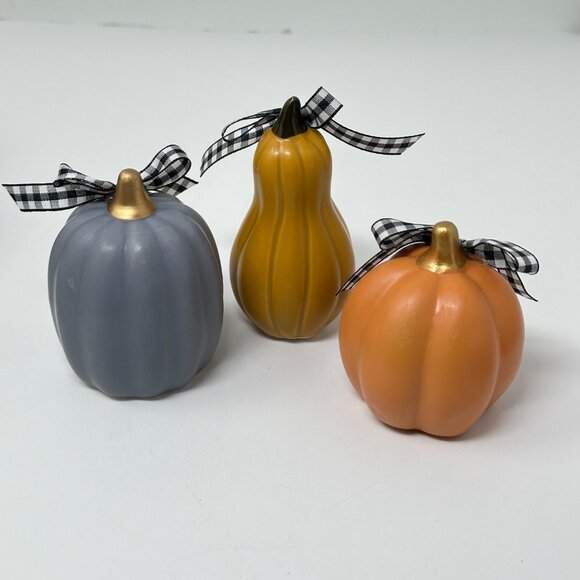 Fall Mini Ceramic Pumpkins Gourd Set of 3 Hand-Tied Plaid Bows Farmhouse Decor - Picture 5 of 9